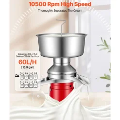 VEVOR Electric Milk Cream Separator, 60L/H Output 10500RPM Milk Cream Centrifugal Separator, 304 Stainless Steel Goat Cow Milk Skimmer Separating Machine with 4.5L Bowl Capacity (40W, 100-240V)