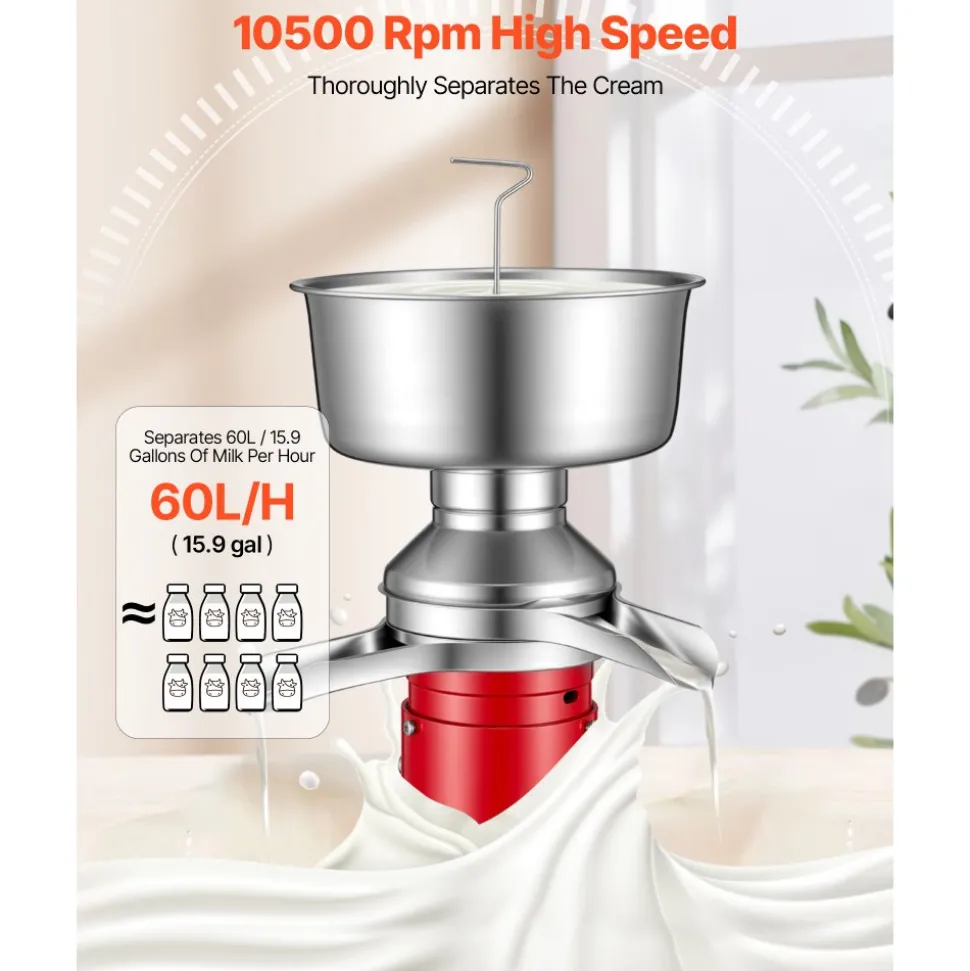 VEVOR Electric Milk Cream Separator, 60L/H Output 10500RPM Milk Cream Centrifugal Separator, 304 Stainless Steel Goat Cow Milk Skimmer Separating Machine with 4.5L Bowl Capacity (40W, 100-240V)