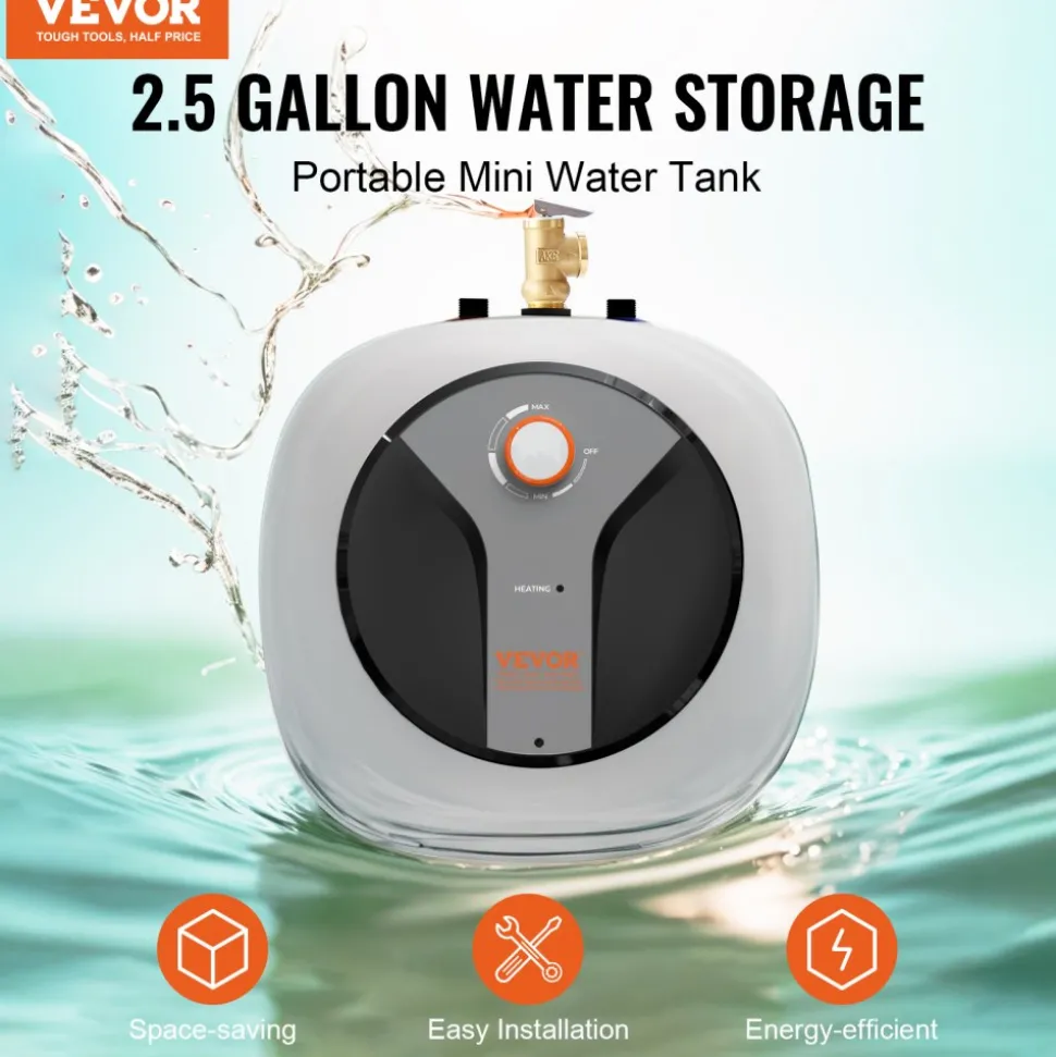 VEVOR Electric Mini-Tank Water Heater 8-Gallon Tank, 1440W Hot Water Boiler Storage, Safety Temperature Pressure Valve Easy Install, for Kichen Bathroom Restaurant, Shelf Wall Floor Mounted