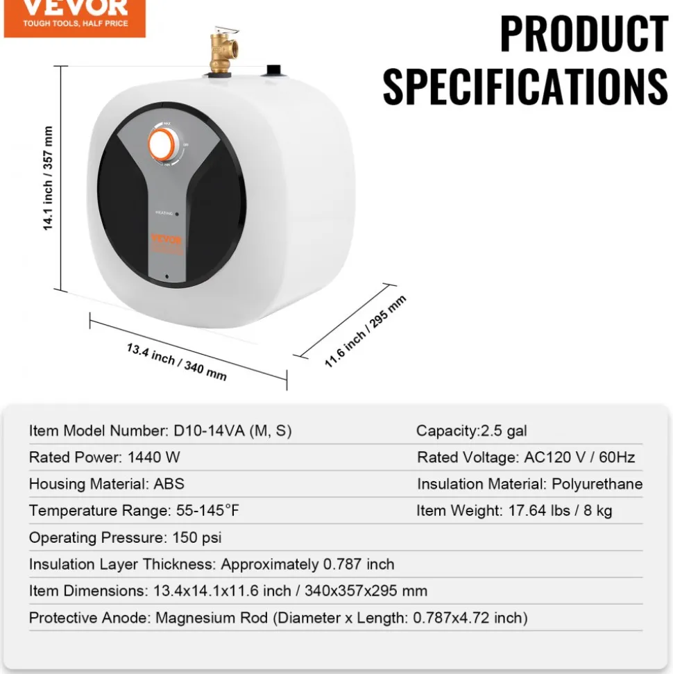 VEVOR Electric Mini-Tank Water Heater 8-Gallon Tank, 1440W Hot Water Boiler Storage, Safety Temperature Pressure Valve Easy Install, for Kichen Bathroom Restaurant, Shelf Wall Floor Mounted