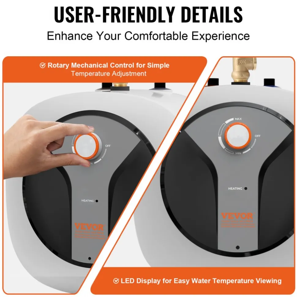 VEVOR Electric Mini-Tank Water Heater 4-Gallon Tank, 1440W Hot Water Boiler Storage, Safety Temperature Pressure Valve Easy Install, for Kichen Bathroom Restaurant, Shelf Wall Mounted