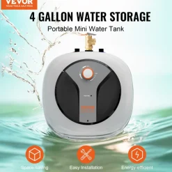 VEVOR Electric Mini-Tank Water Heater 4-Gallon Tank, 1440W Hot Water Boiler Storage, Safety Temperature Pressure Valve Easy Install, for Kichen Bathroom Restaurant, Shelf Wall Mounted