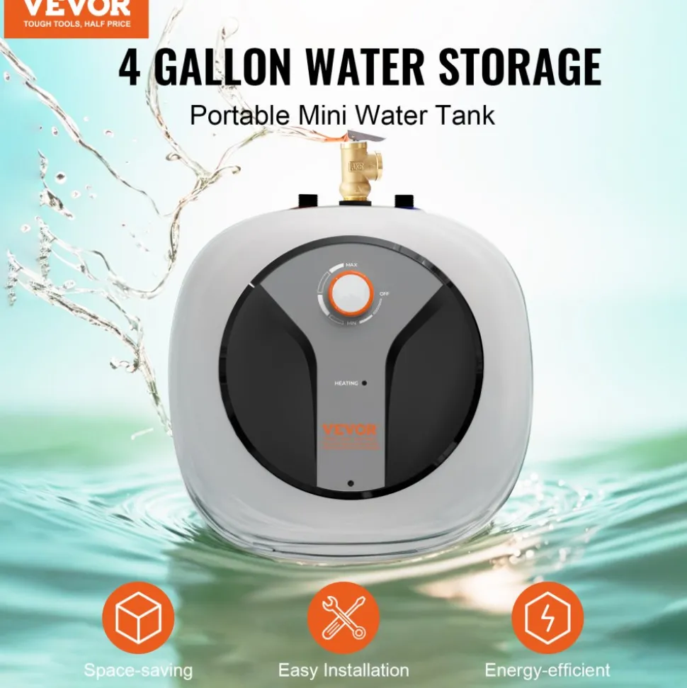 VEVOR Electric Mini-Tank Water Heater 4-Gallon Tank, 1440W Hot Water Boiler Storage, Safety Temperature Pressure Valve Easy Install, for Kichen Bathroom Restaurant, Shelf Wall Mounted