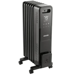 VEVOR Electric Oil Filled Radiator, 1500W Radiant Space Heater with Dual U-shaped Heating Tubes, Over-Heat Protections,3 Heat Settings,24h Timer, Flexible Casters, Remote Control for Indoor,Black
