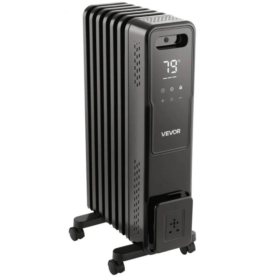 VEVOR Electric Oil Filled Radiator, 1500W Radiant Space Heater with Dual U-shaped Heating Tubes, Over-Heat Protections,3 Heat Settings,24h Timer, Flexible Casters, Remote Control for Indoor,Black