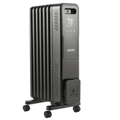 VEVOR Electric Oil Filled Radiator, 1500W Radiant Space Heater with Dual U-shaped Heating Tubes, Over-Heat Protections,3 Heat Settings,24h Timer, Flexible Casters, Remote Control for Indoor,Black