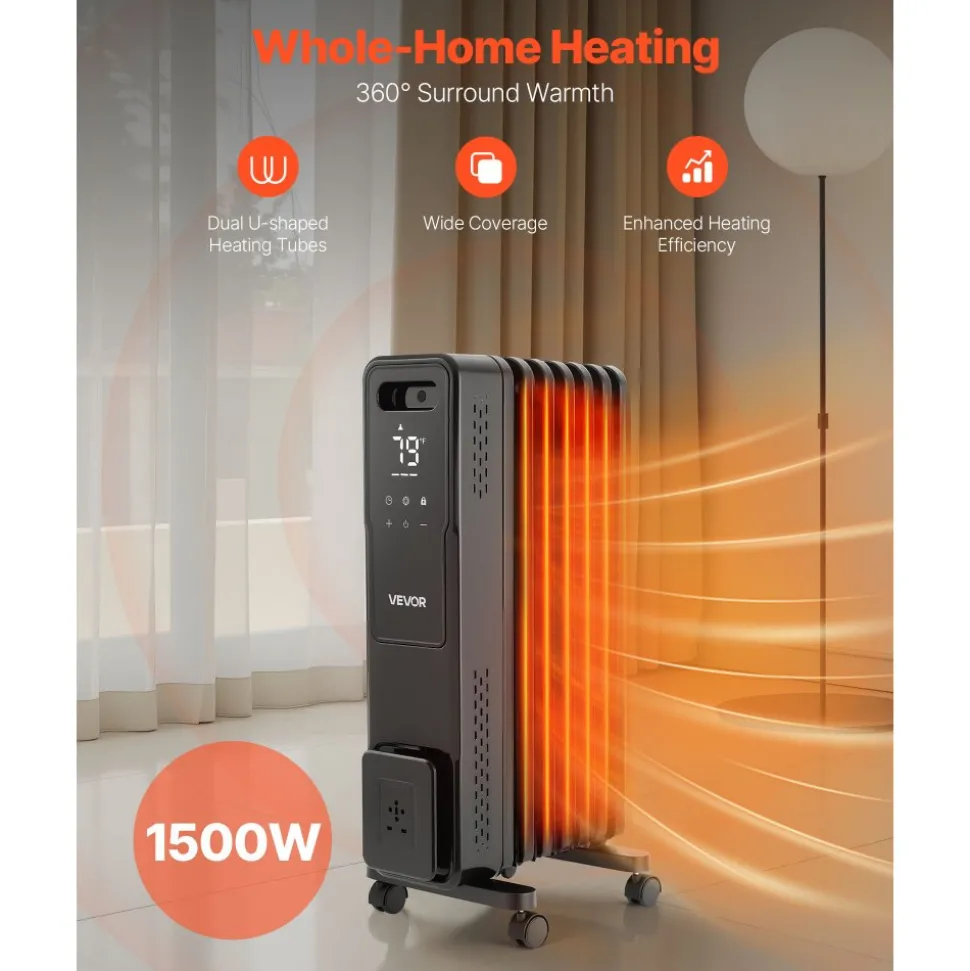 VEVOR Electric Oil Filled Radiator, 1500W Radiant Space Heater with Dual U-shaped Heating Tubes, Over-Heat Protections,3 Heat Settings,24h Timer, Flexible Casters, Remote Control for Indoor,Black