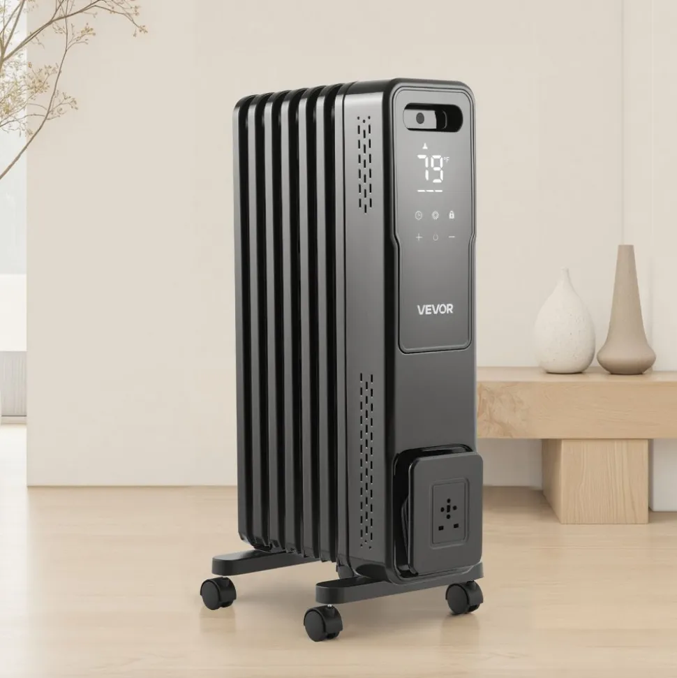 VEVOR Electric Oil Filled Radiator, 1500W Radiant Space Heater with Dual U-shaped Heating Tubes, Over-Heat Protections,3 Heat Settings,24h Timer, Flexible Casters, Remote Control for Indoor,Black