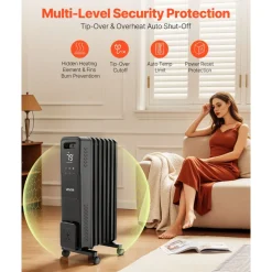 VEVOR Electric Oil Filled Radiator, 1500W Radiant Space Heater with Dual U-shaped Heating Tubes, Over-Heat Protections,3 Heat Settings,24h Timer, Flexible Casters, Remote Control for Indoor,Black