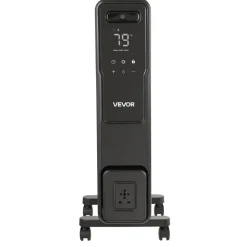 VEVOR Electric Oil Filled Radiator, 1500W Radiant Space Heater with Dual U-shaped Heating Tubes, Over-Heat Protections,3 Heat Settings,24h Timer, Flexible Casters, Remote Control for Indoor,Black