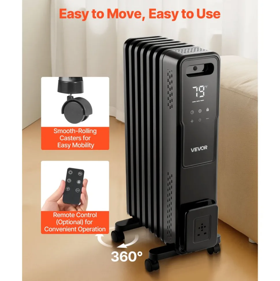 VEVOR Electric Oil Filled Radiator, 1500W Radiant Space Heater with Dual U-shaped Heating Tubes, Over-Heat Protections,3 Heat Settings,24h Timer, Flexible Casters, Remote Control for Indoor,Black