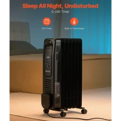 VEVOR Electric Oil Filled Radiator, 1500W Radiant Space Heater with LED Screen, Over-Heat Protections,24h Timer, Portable Handle Casters, Thermostat,Remote Control for Indoor Use,Black
