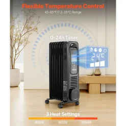 VEVOR Electric Oil Filled Radiator, 1500W Radiant Space Heater with LED Screen, Over-Heat Protections,24h Timer, Portable Handle Casters, Thermostat,Remote Control for Indoor Use,Black
