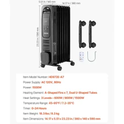 VEVOR Electric Oil Filled Radiator, 1500W Radiant Space Heater with LED Screen, Over-Heat Protections,24h Timer, Portable Handle Casters, Thermostat,Remote Control for Indoor Use,Black