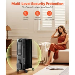 VEVOR Electric Oil Filled Radiator, 1500W Radiant Space Heater with LED Screen, Over-Heat Protections,24h Timer, Portable Handle Casters, Thermostat,Remote Control for Indoor Use,Black