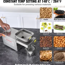 VEVOR Electric Oil Press Machine, 700W Stainless Steel Oil Extractor Machine, 140℃ / 284℉ Constant Temperature, Hot Press Oil Expeller for Pressing Peanuts, Sesame Seeds, Rapeseed, Tea Seeds
