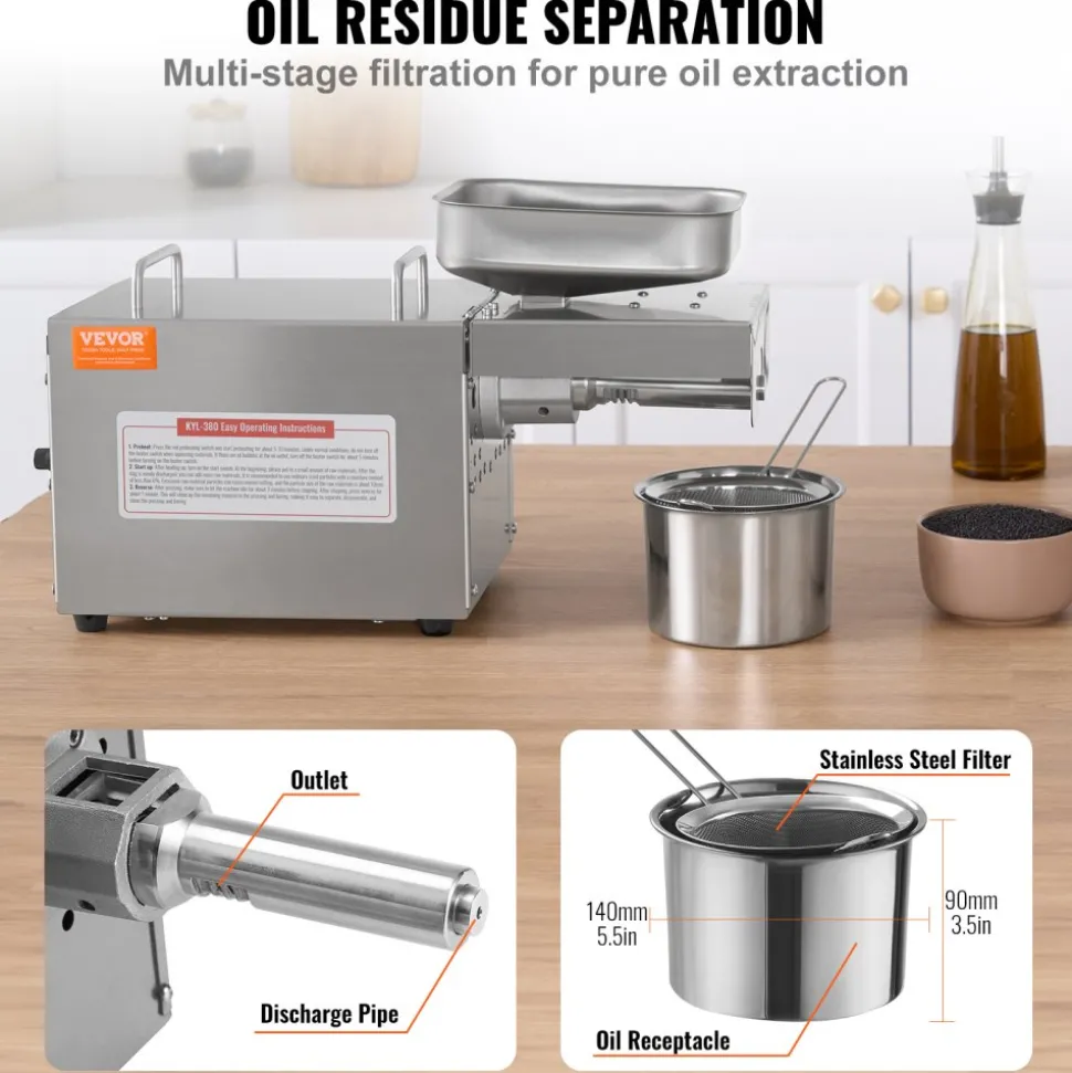 VEVOR Electric Oil Press Machine, 700W Stainless Steel Oil Extractor Machine, 140℃ / 284℉ Constant Temperature, Hot Press Oil Expeller for Pressing Peanuts, Sesame Seeds, Rapeseed, Tea Seeds