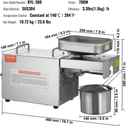 VEVOR Electric Oil Press Machine, 700W Stainless Steel Oil Extractor Machine, 140℃ / 284℉ Constant Temperature, Hot Press Oil Expeller for Pressing Peanuts, Sesame Seeds, Rapeseed, Tea Seeds
