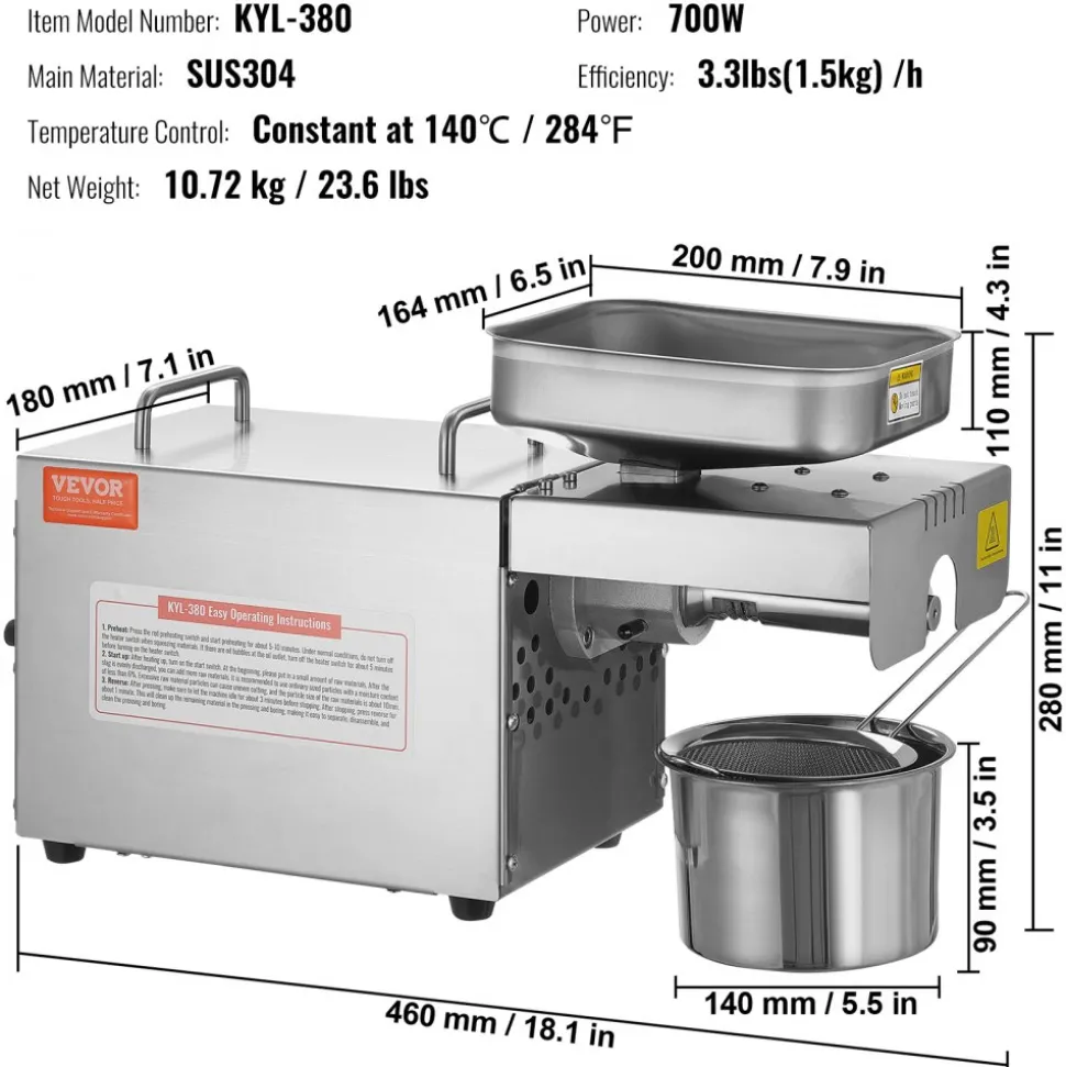 VEVOR Electric Oil Press Machine, 700W Stainless Steel Oil Extractor Machine, 140℃ / 284℉ Constant Temperature, Hot Press Oil Expeller for Pressing Peanuts, Sesame Seeds, Rapeseed, Tea Seeds