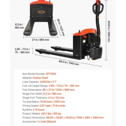 VEVOR Electric Pallet Jack, 4400 lbs Load Capacity, Lithium Battery Powered Pallet Jack Truck with 48L x 27W Inch Forks for Material Handling, Suitable for Warehouse, Supermarket, Manufacturing