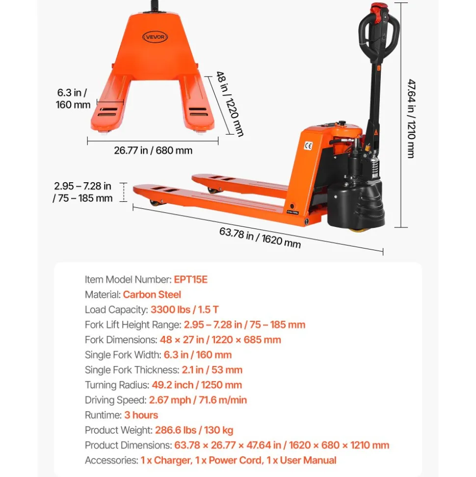 VEVOR Electric Pallet Jack, 3300 lbs Load Capacity, Lithium Battery Powered Pallet Jack Truck with 48L x 27W Inch Forks for Material Handling, Suitable for Warehouse, Supermarket, Manufacturing