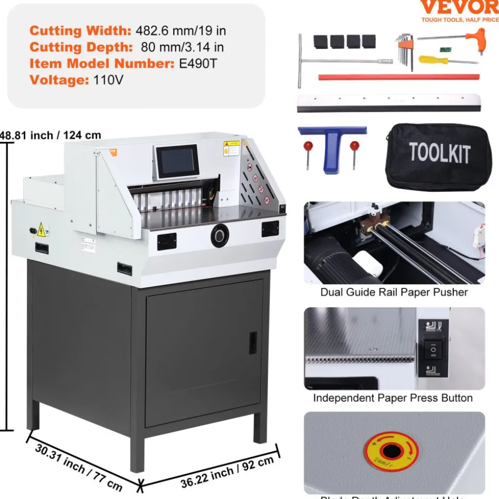 VEVOR Electric Paper Cutter, Heavy Duty Paper Trimmer 19" /482.6mm Cutting Width, 3.14"/80mm Cutting Thickness, Electric Paper Cutting Machine with 7" Touchscreen Numerical Control Function
