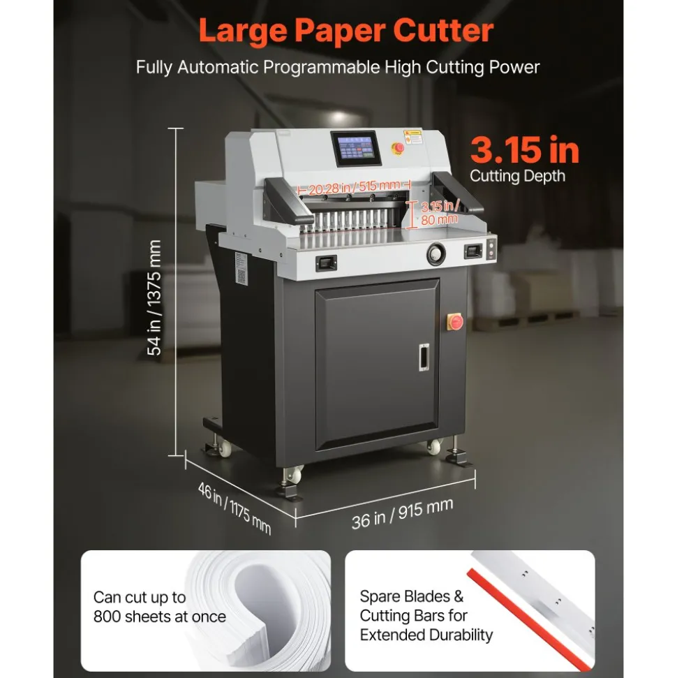 VEVOR Electric Paper Cutter, 1100W Heavy Duty Paper Cutter Machine With 20.28 in Cutting Width, 3.15 in Cutting Thickness, Electric Guillotine Trimmer with Casters and 7 in Touchscreen, for Print Shop