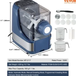 VEVOR Electric Pasta Maker, 150W Automatic Noodle Maker Machine with 8 Pasta Shapes, 4 Intelligent Modes, 500g Flour Capacity Pasta Maker Machine with Measuring Cups, Cleaning Brush for Home Kitchen