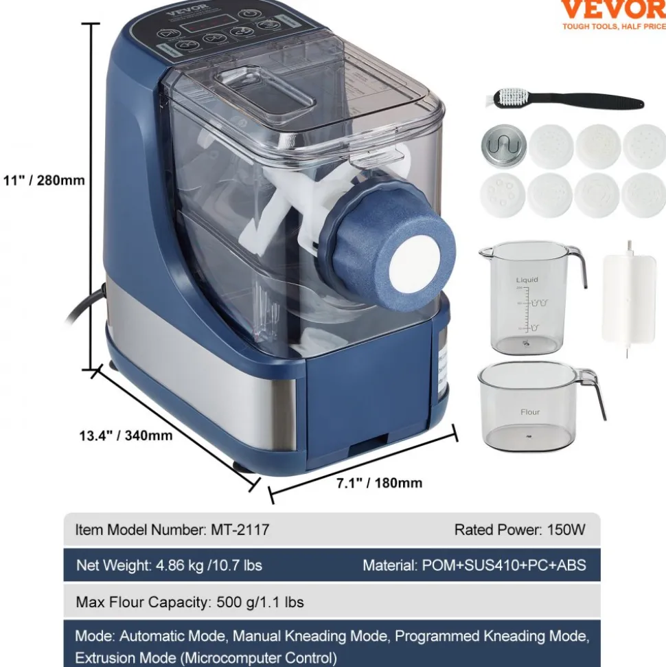 VEVOR Electric Pasta Maker, 150W Automatic Noodle Maker Machine with 8 Pasta Shapes, 4 Intelligent Modes, 500g Flour Capacity Pasta Maker Machine with Measuring Cups, Cleaning Brush for Home Kitchen