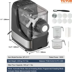 VEVOR Electric Pasta Maker, 150W Automatic Noodle Maker Machine with 8 Pasta Shapes, 4 Intelligent Modes, 500g Flour Capacity Pasta Maker Machine with Measuring Cups, Cleaning Brush for Home Kitchen