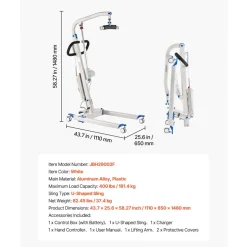 VEVOR Electric Patient Lift, Folding Patient Transfer Lift with U-Shaped Sling, Height & Width Adjustable Medical Transfer Assist with 4 Wheels & Handle Controller for Disabled Bedridden, 400LBS