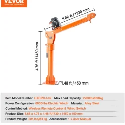 VEVOR Electric Pickup Truck Crane, 2200 lbs, Folding Truck-Mounted Bed Crane with Electric Winch 6000 lbs, Steel Pickup Truck Jib Crane Hoist 360° Swivel for Lifting Goods in Construction, Factory