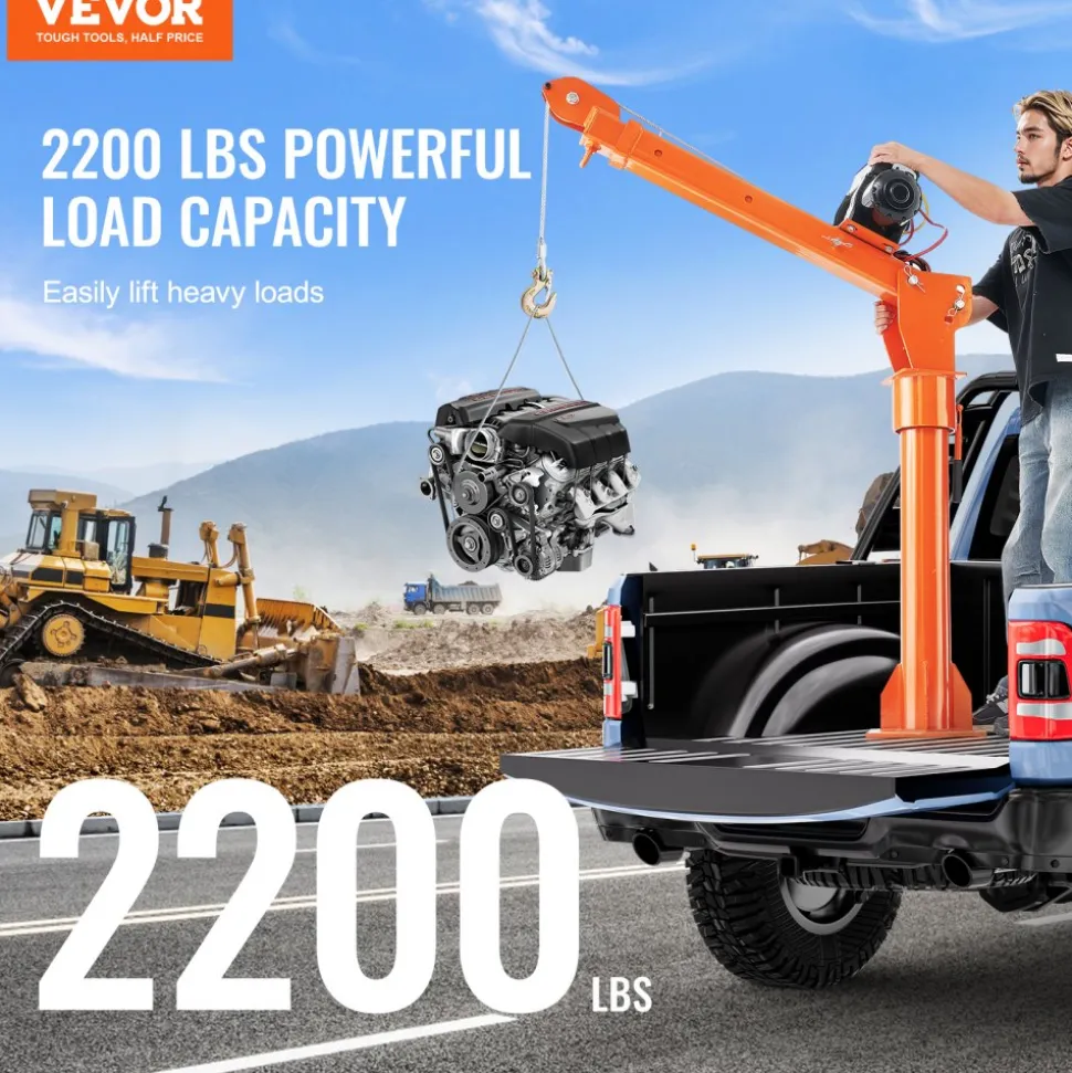 VEVOR Electric Pickup Truck Crane, 2200 lbs, Folding Truck-Mounted Bed Crane with Electric Winch 6000 lbs, Steel Pickup Truck Jib Crane Hoist 360° Swivel for Lifting Goods in Construction, Factory
