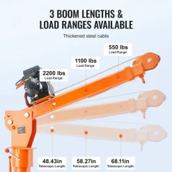 VEVOR Electric Pickup Truck Crane, 2200 lbs, Folding Truck-Mounted Bed Crane with Electric Winch 6000 lbs, Steel Pickup Truck Jib Crane Hoist 360° Swivel for Lifting Goods in Construction, Factory