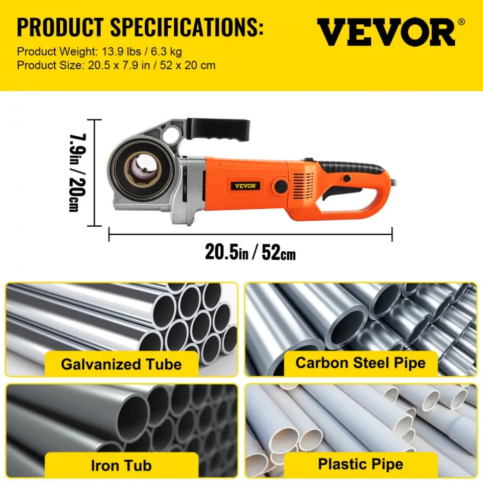VEVOR Electric Pipe Threader, 2300W Pipe Threading Machine with 4 Dies 1/2" - 1 1/4", 110V Hand-held Pipe Threader Machine with Copper Motor, Portable Electric Pipe Threading Kit with Carrying Case