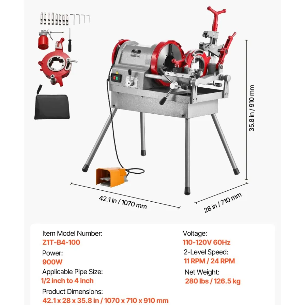 VEVOR Electric Pipe Threader Machine, 750W 28RPM Threading Cutting Machine, 1/2 to 2 inch Pipes Threading Cutter Tool with Foot Pedal for Plumbing, Automotive Repairs, Metalworking