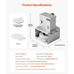 VEVOR Electric Pizza Dough Press Machine, 6 inch Pizza Pastry Press Plate, Stainless Steel Bread Presser, Adjustable Thickness Commercial Forming Machine, with 100 Pcs Parchment Paper