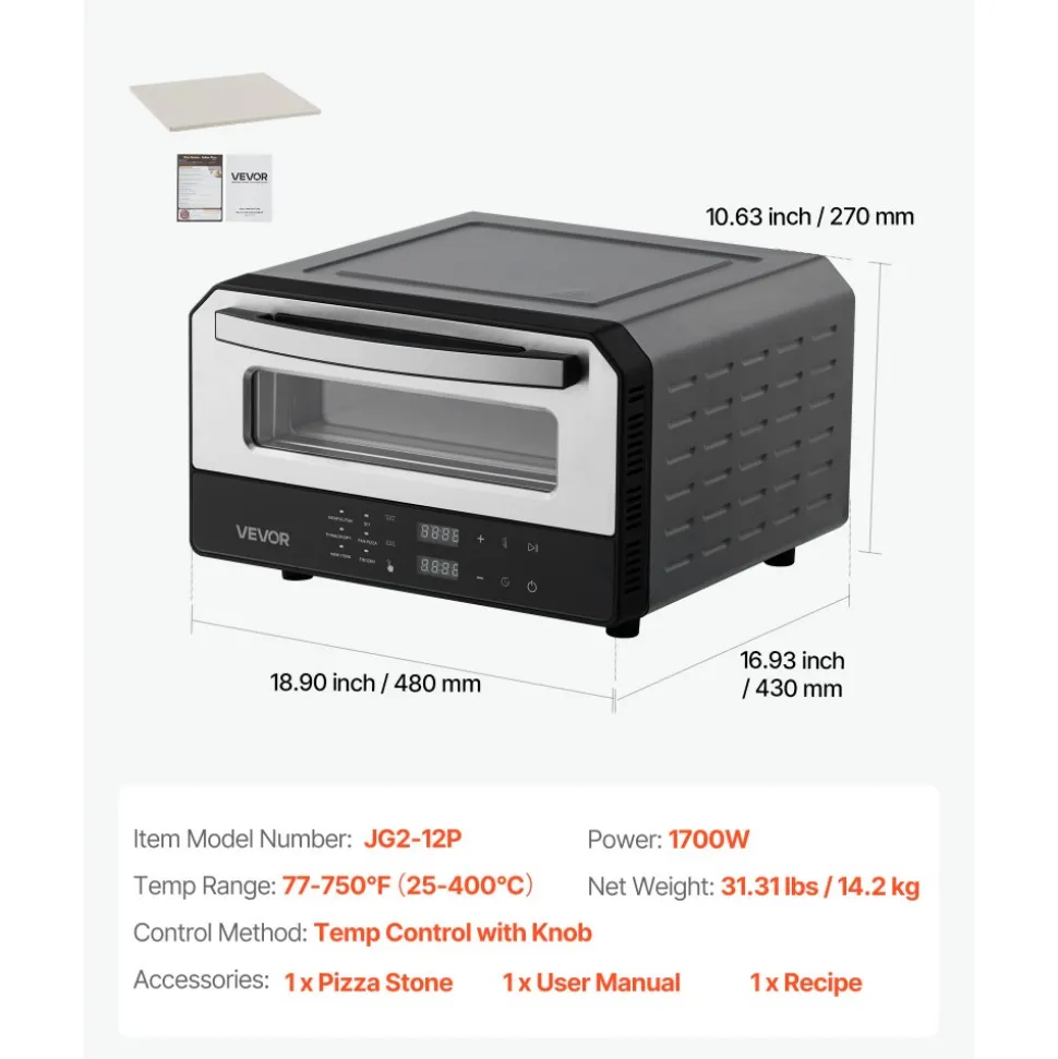 VEVOR Electric Pizza Oven, Smart Pizzas Maker Indoor with 5 Preset, 12-Inch Countertop Pizza Cooker w/ Touch Srceen, 750℉ Max Temp, 2-Min Rpaid Baking Oven Thin & Crispy, Neapolitan, Frozen, New York