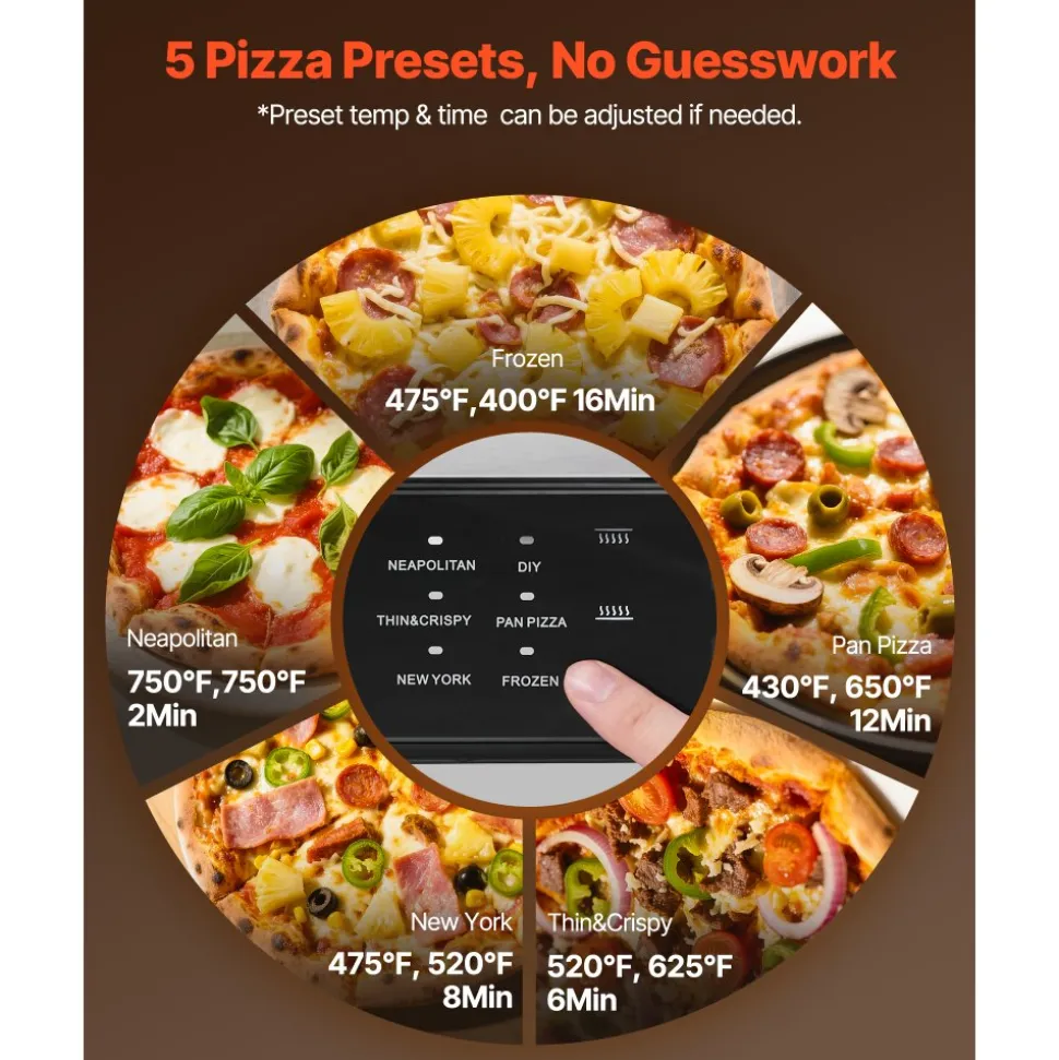 VEVOR Electric Pizza Oven, Smart Pizzas Maker Indoor with 5 Preset, 12-Inch Countertop Pizza Cooker w/ Touch Srceen, 750℉ Max Temp, 2-Min Rpaid Baking Oven Thin & Crispy, Neapolitan, Frozen, New York