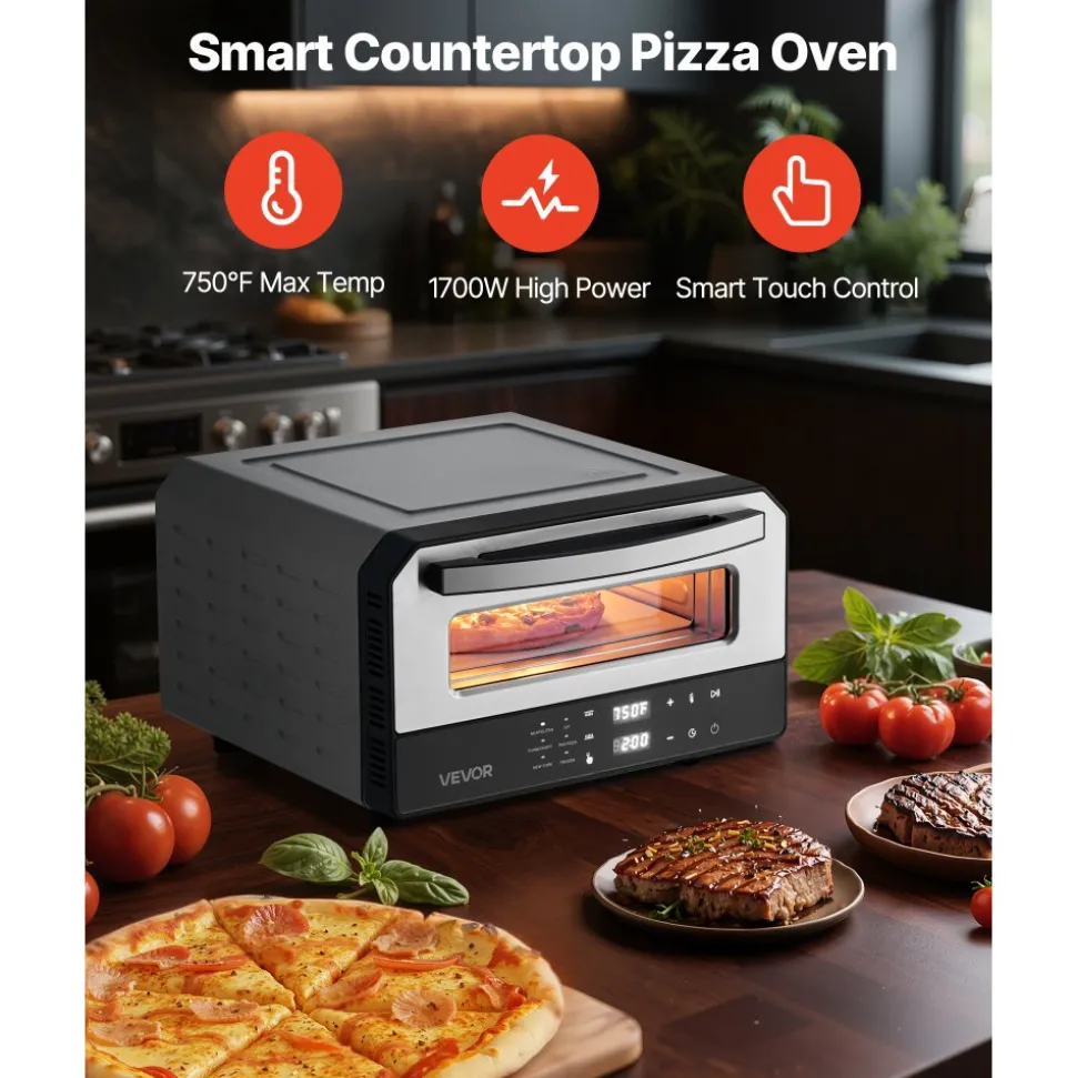VEVOR Electric Pizza Oven, Smart Pizzas Maker Indoor with 5 Preset, 12-Inch Countertop Pizza Cooker w/ Touch Srceen, 750℉ Max Temp, 2-Min Rpaid Baking Oven Thin & Crispy, Neapolitan, Frozen, New York