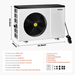VEVOR Electric Pool Heat Pump, 22250 BTU, Pool Heaters for 3171-6605GAL Above and In Ground Pools, Low Noise, Heating and Cooling Highly Efficient & Energy-Saving Pool Water Heater AC120V 60Hz