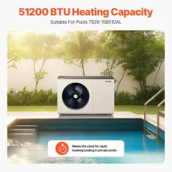 VEVOR Electric Pool Heat Pump, 51200 BTU, Pool Heaters for 7926-15851GAL Above and In Ground Pools, Low Noise, Heating and Cooling Highly Efficient & Energy-Saving Pool Water Heater AC208-230V 60Hz
