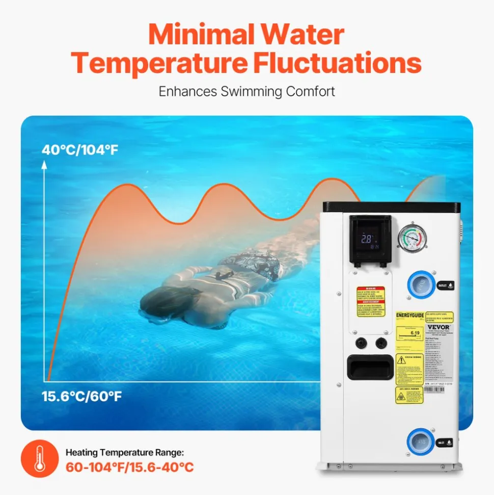 VEVOR Electric Pool Heat Pump, 51200 BTU, Pool Heaters for 7926-15851GAL Above and In Ground Pools, Low Noise, Heating and Cooling Highly Efficient & Energy-Saving Pool Water Heater AC208-230V 60Hz