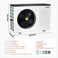 VEVOR Electric Pool Heat Pump, 51200 BTU, Pool Heaters for 7926-15851GAL Above and In Ground Pools, Low Noise, Heating and Cooling Highly Efficient & Energy-Saving Pool Water Heater AC208-230V 60Hz