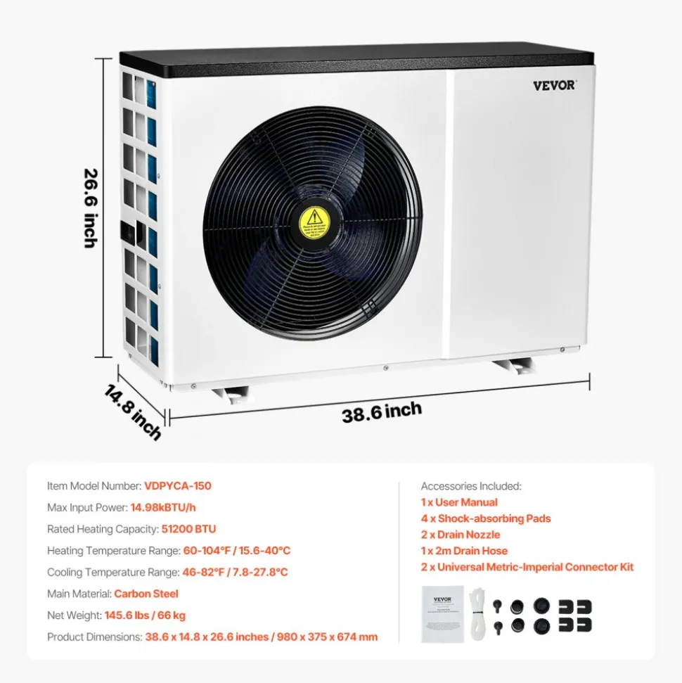 VEVOR Electric Pool Heat Pump, 51200 BTU, Pool Heaters for 7926-15851GAL Above and In Ground Pools, Low Noise, Heating and Cooling Highly Efficient & Energy-Saving Pool Water Heater AC208-230V 60Hz