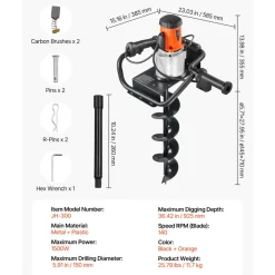 VEVOR Electric Post Hole Digger, 5.71 in Auger Bit with 1500W Powerful Motor, 140 RPM Alloy Steel Earth Auger Drill Bit with 10.24 in Extension Rod, for Post Hole Digging, Drilling & Tree Planting