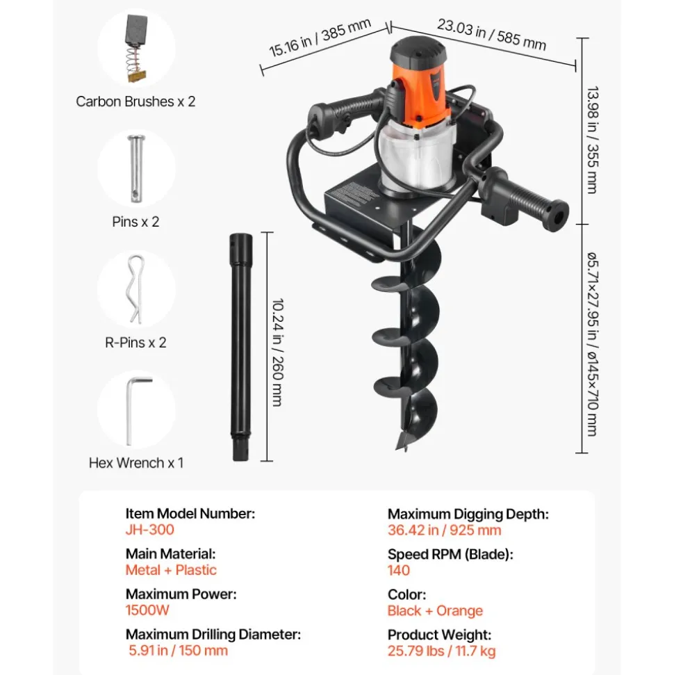 VEVOR Electric Post Hole Digger, 5.71 in Auger Bit with 1500W Powerful Motor, 140 RPM Alloy Steel Earth Auger Drill Bit with 10.24 in Extension Rod, for Post Hole Digging, Drilling & Tree Planting
