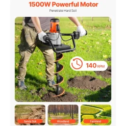 VEVOR Electric Post Hole Digger, 5.71 in Auger Bit with 1500W Powerful Motor, 140 RPM Alloy Steel Earth Auger Drill Bit with 10.24 in Extension Rod, for Post Hole Digging, Drilling & Tree Planting