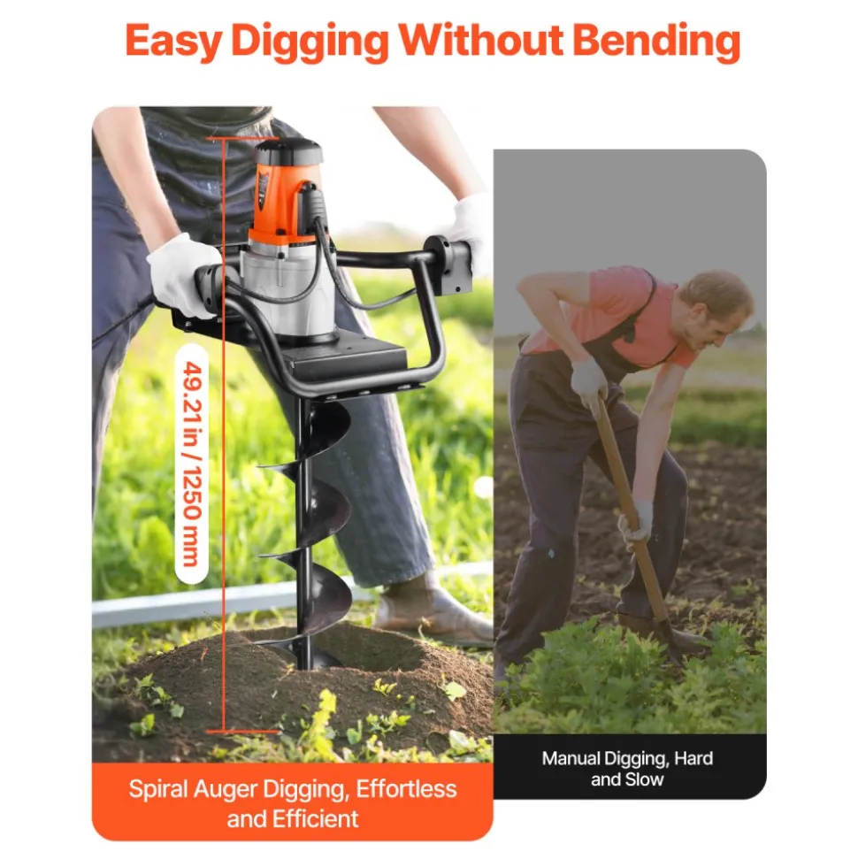 VEVOR Electric Post Hole Digger, 5.71 in Auger Bit with 1500W Powerful Motor, 140 RPM Alloy Steel Earth Auger Drill Bit with 10.24 in Extension Rod, for Post Hole Digging, Drilling & Tree Planting