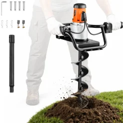 VEVOR Electric Post Hole Digger, 5.71 in Auger Bit with 1500W Powerful Motor, 140 RPM Alloy Steel Earth Auger Drill Bit with 10.24 in Extension Rod, for Post Hole Digging, Drilling & Tree Planting